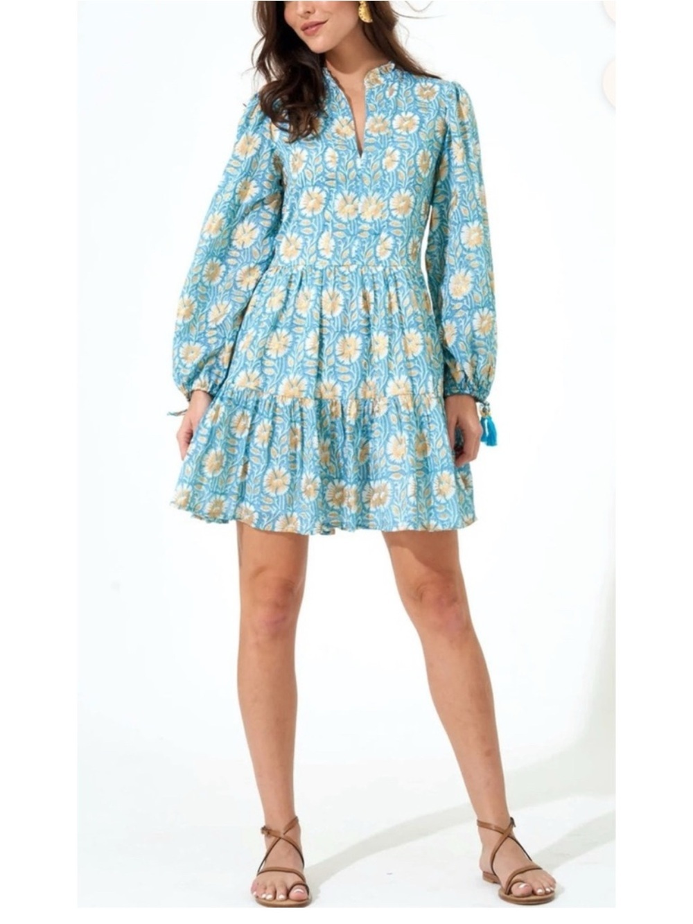 OLIPHANT yoke dress in blue
Green Print Split Neck Long Sleeve mini Dress sz L